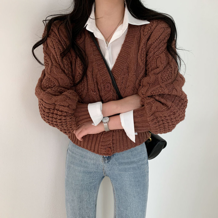 pull-solid-loose-v-neck-twist-sweater-knitted-short-lantern-sleeve-cardigans-coat-knitwear-autumn-wild-top-casual-lazy-retro