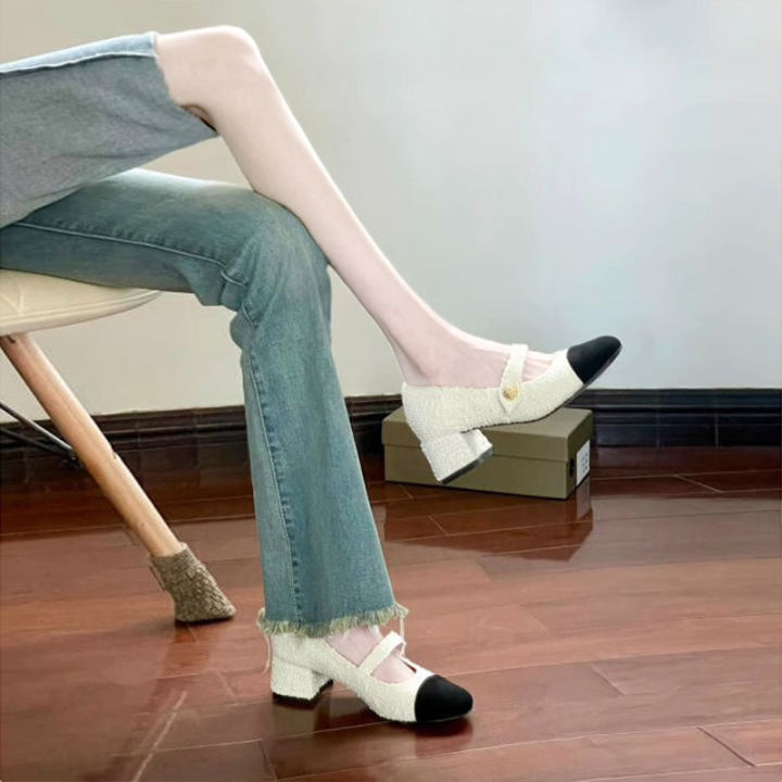 renben-รองเท้าแฟชั่นผู้หญิง-รองเท้าแฟชั่นส้นหนาหัวสี่เหลี่ยมใหม่หัวเข็มขัดคำเดียวกับ-mary-jane-กลิ่นหอมขนาดเล็กทำจากผ้าขนสัตว์