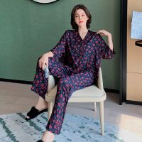 ；【‘；- Printed Red Lips Women Lapel Pajamas Nightwear Sleep Suit Home Clothes Ice Silk Loungewear Shirt Pant Two Piece Set Sleepwear