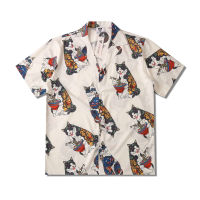 Personality Cat Eat Noodle Print Hawaiian Shirts For Men Summer Short Sleeve Beach Shirts Mens Japanese Style Chemise Homme