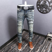 【READY STOCK】High Quality Mens Vintage Jeans Distressed Slim Fit Stretchable Denim Punk Rock Fashion Wear