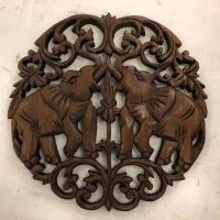 แผ่นไม้สักแกะสลัก ติดผนัง (Carved wood sheet) ตกแต่ง ลายช้าง 2 เชือก ขนาด 30Cm สินค้ามีคุณภาพตรงปก แพ็คอย่างดี กันปลวกกันแมลง ทนแดด ทนฝน