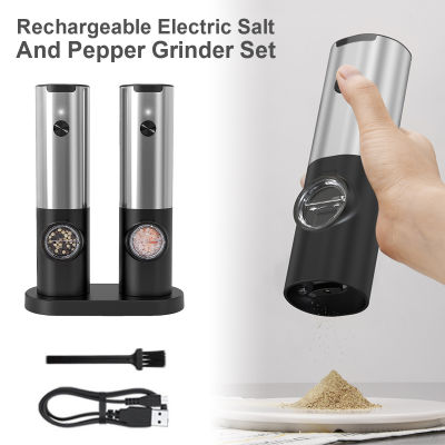 2 Pcs Electric Pepper Grinder Set With USB Cable Charging Base Brush Rechargeable Salt And Pepper Mill Stainless Steel Automatic