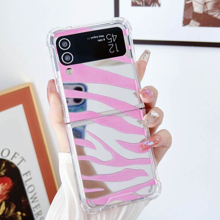 hoce-zebra-เคสโทรศัพท์กระจกรูปทรงสำหรับ-samsung-galaxy-z-flip-4-z-พลิก3กรณีแฟชั่นผู้หญิงสีชมพูกันกระแทก