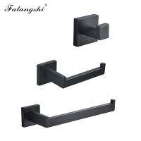 Falangshi 304 SUS Bathroom Hardware Set Square Robe Hooks Towel Bar Hanger Screwed Wall Mount Black Toilet Paper Holder WB8831