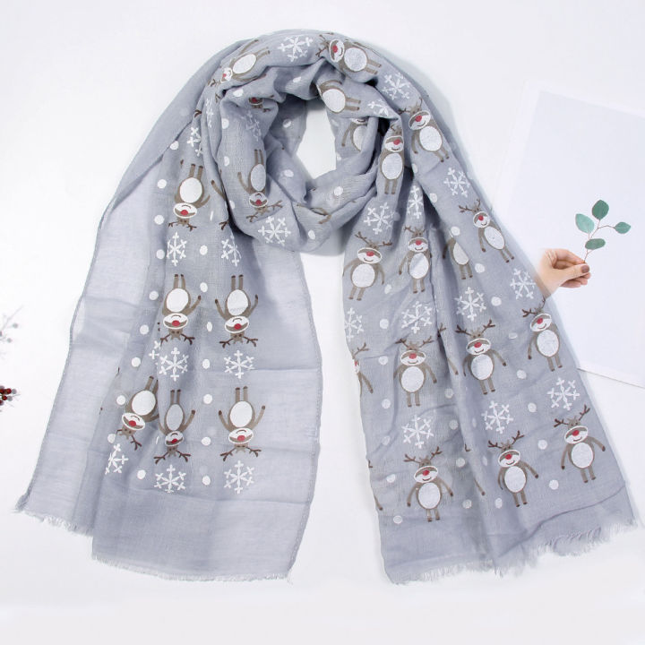 ผ้าพันคอพิมพ์ลายกวางสำหรับผู้หญิงผ้าพันคอเกล็ดหิมะสำหรับฤดูหนาวเทศกาลคริสต์มาสฤดูหนาว