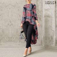 COD dhdfxcz ZANZEA Women Long Sleeve Irregular Hem Geometric Print Blouse