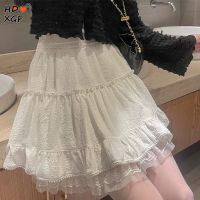 ◎☈▨ White Lace Mini Skirt For Women Girl Kawaii Short Skirt For Summer Fairycore Clothes 2023 Korean Fashion Clothing Pleated Skirts