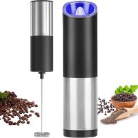 Handheld Milk Frother and Gravity Electric Pepper Grinder Set,for Lattes, Cappuccino, Matcha, Hot Chocolate