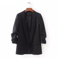 2021Bella Philosophy women elegant white black green blazer crimping three quarter sleeve outerwear notched pocket office jacket