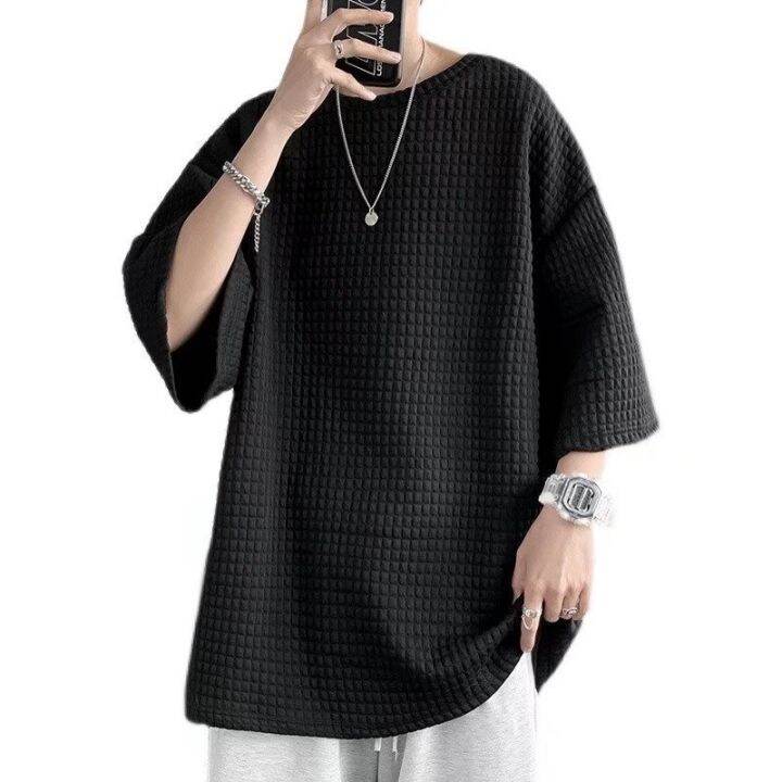 codtheresa-finger-waffle-t-shirt-men-ins-hong-kong-style-solid-color-short-sleeved-top-summer-korean-version-trendy-handsome-loose-half-sleeved-t