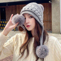 2022 New Women Winter Fashion Ear Cap Ladies Woolen Hat Korean Earflap Knitted Outdoor Warm Snow Fiuffy Pompom Windproof Ski Cap