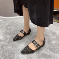 Chic Metal buckle belt plaid fabric modern sandals women slippers ins summer shoes woman pointed toe cover heels sandalias mujer