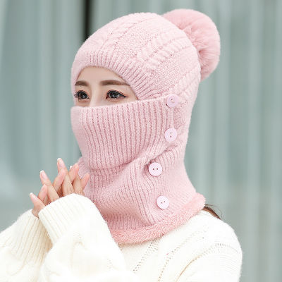 2021 Hat winter womens Mask balaclava Hat for girl Scarf Thick Warm Fleece Inside Knitted Hat Scarf Set Winter Hats