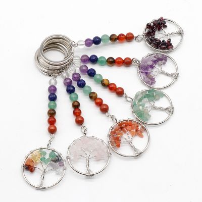 【LZ】♀✲✣  Chaveiro de pedra natural para homens e mulheres 7 Chakra Árvore da Vida Chaveiros Cura Crystal Keyrings 10PCs