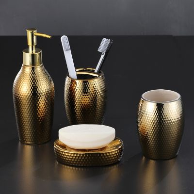 【jw】❁ 4 pçs/lote golden cerâmica wash set Acessórios Do Banheiro Dispenser Toothbrush Holder Suprimentos