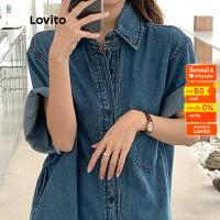 Lovito ชุดเดรสยีนแขนสั้นลําลอง แต่งกระเป๋า สําหรับผู้หญิง LNA09005 (สีฟ้า)