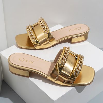 Hot sell 2023 Luxury Gold Slippers Women Serpentine Shoes Thick Low Heels Flipflops Ladies Open Toe Slip On Slides Chain Sandals Femmes