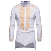 Uomo Hommes Kaftan Musulman Kurta เสื้อผ้ามุสลิมอินเดียสไตล์ยุโรปเสื้อมุสลิมผู้ชายแขนยาวทองเสื้อลายใหม่ๆ