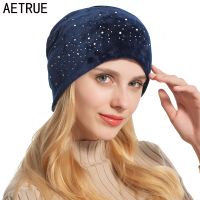 [A Flexible] AETRUEKnitted หมวกหมวกผู้หญิงหมวกสำหรับผู้หญิงหญิง Bonnet Rhinestone กำมะหยี่ G Ril สุภาพสตรี S Kullies Beanies หมวกหมวก