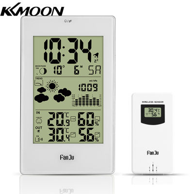 KKmoon FanJu ในร่มกลางแจ้ง Ther-Mometer ไฮโกรมิเตอร์บารอมิเตอร์สถานีสภาพอากาศไร้สายนาฬิกาปลุกพยากรณ์อากาศสถานีไร้สายในร่มและกลางแจ้งอุณหภูมิและความชื้นเมตรแสงไฟดิจิตอลจอแสดงผล LCD วันที่เวลาอุณหภูมิความชื้นเฟสดวงจันทร์