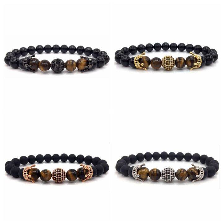 มงกุฎสร้อยข้อมือที่มีเสน่ห์สำหรับผู้หญิง-cz-king-ลูกปัดหินหินโอนิกซ์สีด้านธรรมชาติสำหรับผู้ชายปรับขนาดได้ใหม่ทันสมัย