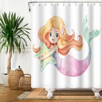 Kawaii Unicorn Shower Curtain Cute Anime Mermaid Pink and Blue Shower Curtains for Childrens Bathroom Screen with 12pcs Hooks