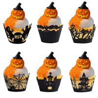 Cupcake wrappers Halloween Cupcake toppers Black BAT Spider Web Castle Ghost pumpkin cake Decor Halloween baking Decoration