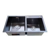 Kitchen sink,snless steelซิงค์ล้างจาน 2 หลุม(แบบฝัง)สแตนเลส 201 ซิงค์สีดำ+สะดือ+ชุดน้ำทิ้ง+ตะแกรงชั้นวางSKB-344