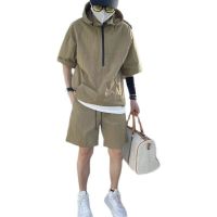 【CC】✖♘❀  2023 New Men Tracksuit 2Pcs Set Hooded T Shirt Zipped Matching Shorts Size 4XL Male