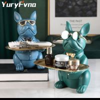 French Bulldog Figurine With Tray Sculpture Desk Storage Statue Decorative Coin Bank Home Room Abstract Art Decoration