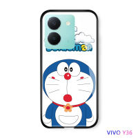 Volans การ์ตูน Vivo Y36 5G สุดหรูสำหรับเด็กผู้หญิงเคสมือถือลายแมวโดราเอมอนกระจกนิรภัยมันวาวหลังเคสห่อหุ้มเคสโทรศัพท์