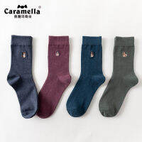 Caramella 4 PairsLot Mens Boys Puppy Pattern Crew Socks Cotton Mid-calf Length Autumn Winter Warm Solid Color