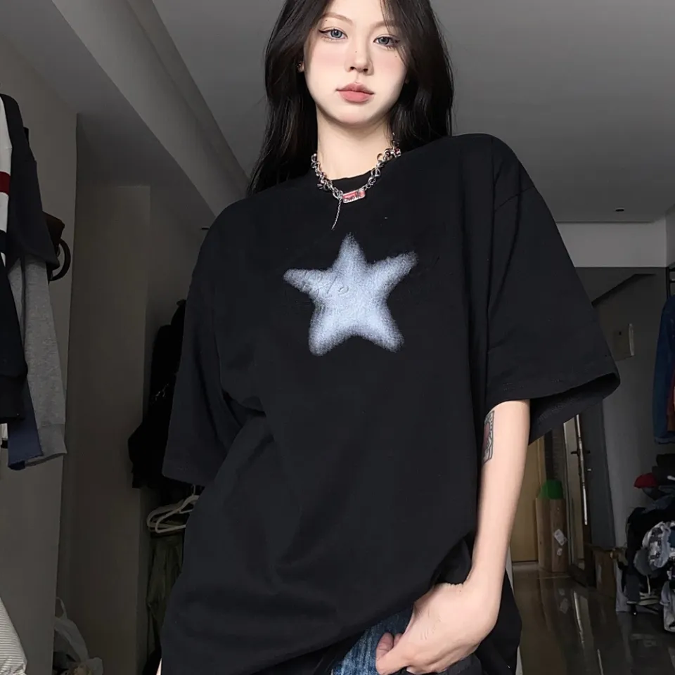 HOUZHOU Kpop Streetwear Red Short Sleeve Tshirts Oversized Y2K Vintage  Letter Star T Shirts Hippie Harajuku Black Tees Women