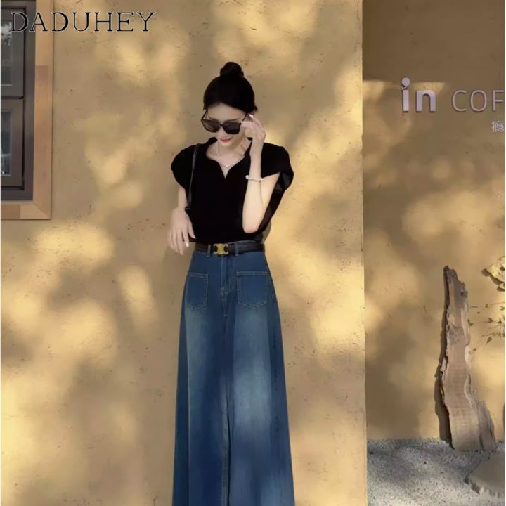 daduhey-womens-korean-style-new-summer-retro-washed-out-jeans-high-waist-wide-leg-loose-dropping-casual-mop-pants