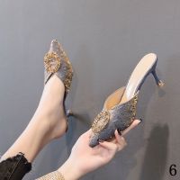 ✽♣✴ Folded Satin Baotou Half Slippers Womens Summer Outer Wear Rhinestone Round Buckle Pointed Toe Stiletto Sandals High Heel 2022 New Style Ladies Heels