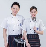 [TIN Household Products] ผู้ชายยืนปกกระเป๋าแขนสั้นกระดุมสองแถวร้านอาหารเชฟครัวใส่ทำงานเครื่องแบบแจ็คเก็ตเสื้อยืดผ้ากันเปื้อน XXXL