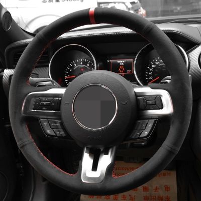 DIY Car Steering Wheel Cover Hand-Stitched Non-slip Black Suede For Ford Mustang 2015-2019 Mustang GT 2015-2019