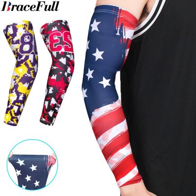 Arm Sleeves Men Women Compression Cooling Ice Silk UV Sun Protection Sports Protection Tattoo Cover Sleeves American Flag Sleeves
