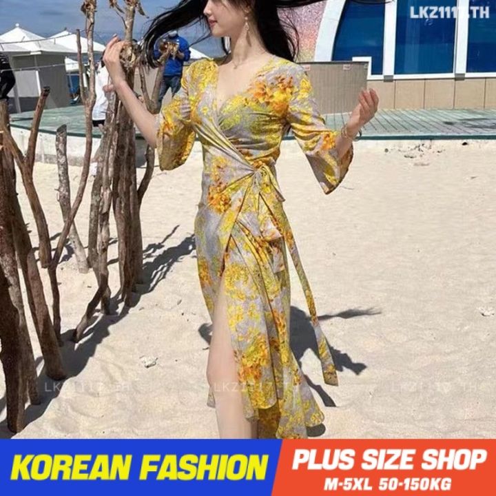 plus-size-เสื้อผ้าสาวอวบ-เดรสสาวอวบอ้วน-ไซส์ใหญ่-ผู้หญิง-เดรสลายดอก-ยาว-แขนสั้น-คอวี-ฤดูร้อน-สไตล์เกาหลีแฟชั่น-v728