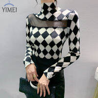 YIMEI เสื้อซับในเข้ารูปสำหรับผู้หญิง,เสื้อแฟชั่น2023ฤดูใบไม้ร่วงเสื้อยืดพิมพ์ลายแผงความคมชัดลูกปัดประณีตเทรนด์ยอดนิยม