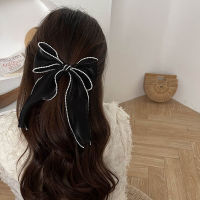 【cw】 Glossy fabric ~ Pearl Streamer Hair Tie Bow Barrettes Female Bang Clip Hairware Girl Korean New ！