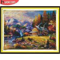 ✗ HUACAN Country House Embroidery Kits Needlework Print Canvas Cross Stitch Mountain Landscape DIY Gift Home Decoration 11CT