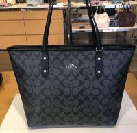 ของแท้ 100 % COACH F58292 แฟชั่นสุภาพสตรีซิปกระเป๋าช้อปปิ้ง Tote Coated canvas ลาย Signature