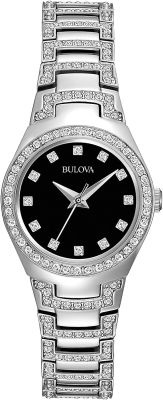 Bulova Ladies Classic Crystal Stainless Steel 3-Hand Quartz Watch, Black Sunray Dial Style: 96L170