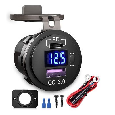 Car Dual USB Charger Quick Charge QC 3.0 &amp; PD USB Charger Socket Adapter with Switch Voltmeter for Trucks RV Motorcycle