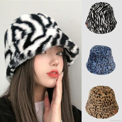 ฤดูหนาวอุ่นหมวกแฟชั่นเสือดาวพิมพ์ Faux Fur หมวกชาวประมงผู้หญิง Thicken Plush หมวกกลางแจ้ง Windproof ปานามา Cap
