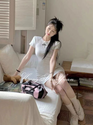 HengShanYuan เสื้อแขนสั้นผู้หญิง,ชุดคอรอบคอทรงเอชุดลายปักของผู้หญิงสั้นชุดสไตล์เกาหลี