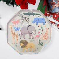 【JIU YU】✉卍✑  Placas de papel descartáveis para crianças animais da selva hexágono aniversários zoológico elefante leão girafa 8PCs