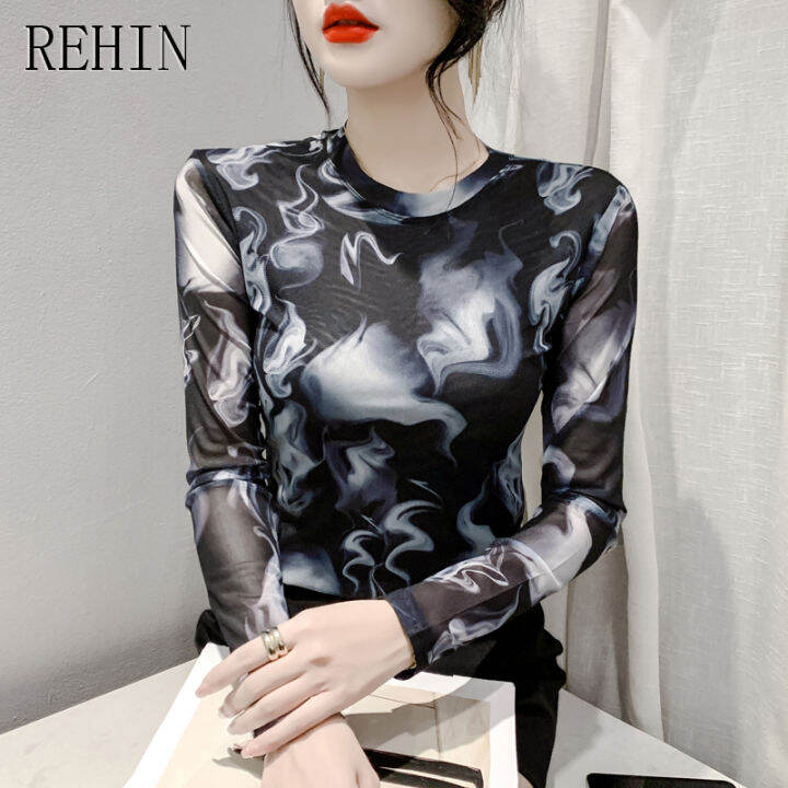 rehin-เสื้อผู้หญิงเข้ารูปแขนยาวพิมพ์ลายตาข่ายแฟชั่นสไตล์ยุโรป-เสื้อคอกลมเข้ารูปฟิตตัวยาวมาใหม่